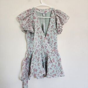 Walter Baker Mint Bloom Floral Wrap Top Ruffle Blouse Cottagecore XS NWT